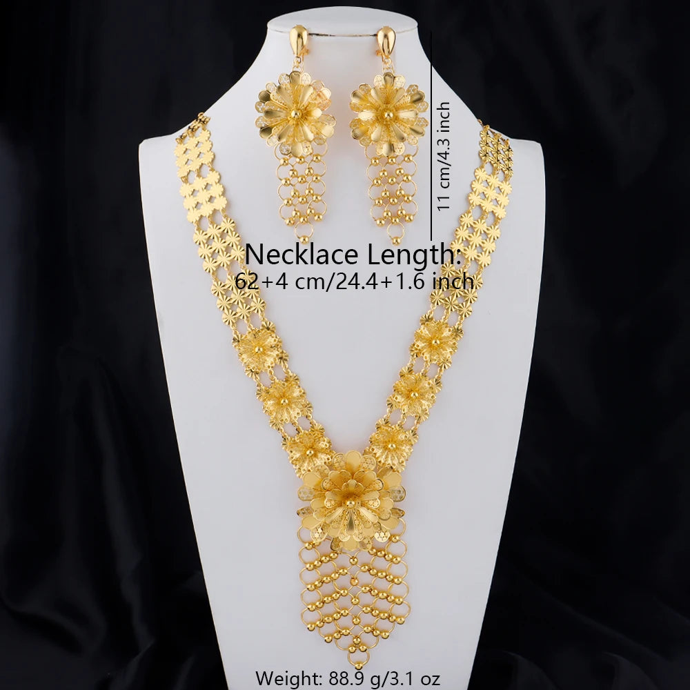 24K Gold Color Long Chain Necklace Earrings Set New Indian Nigerian Bridal Wedding Ethiopian Luxury Party Jewelry Wholesale Gift