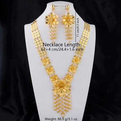 24K Gold Color Long Chain Necklace Earrings Set New Indian Nigerian Bridal Wedding Ethiopian Luxury Party Jewelry Wholesale Gift