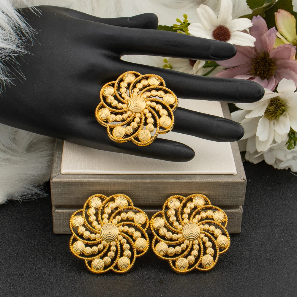 Gold Color Earrings and Finger Ring 2Pcs Set for African New Design Clip Earrings and Large Ring Set Daily Wear Bride Jewellery