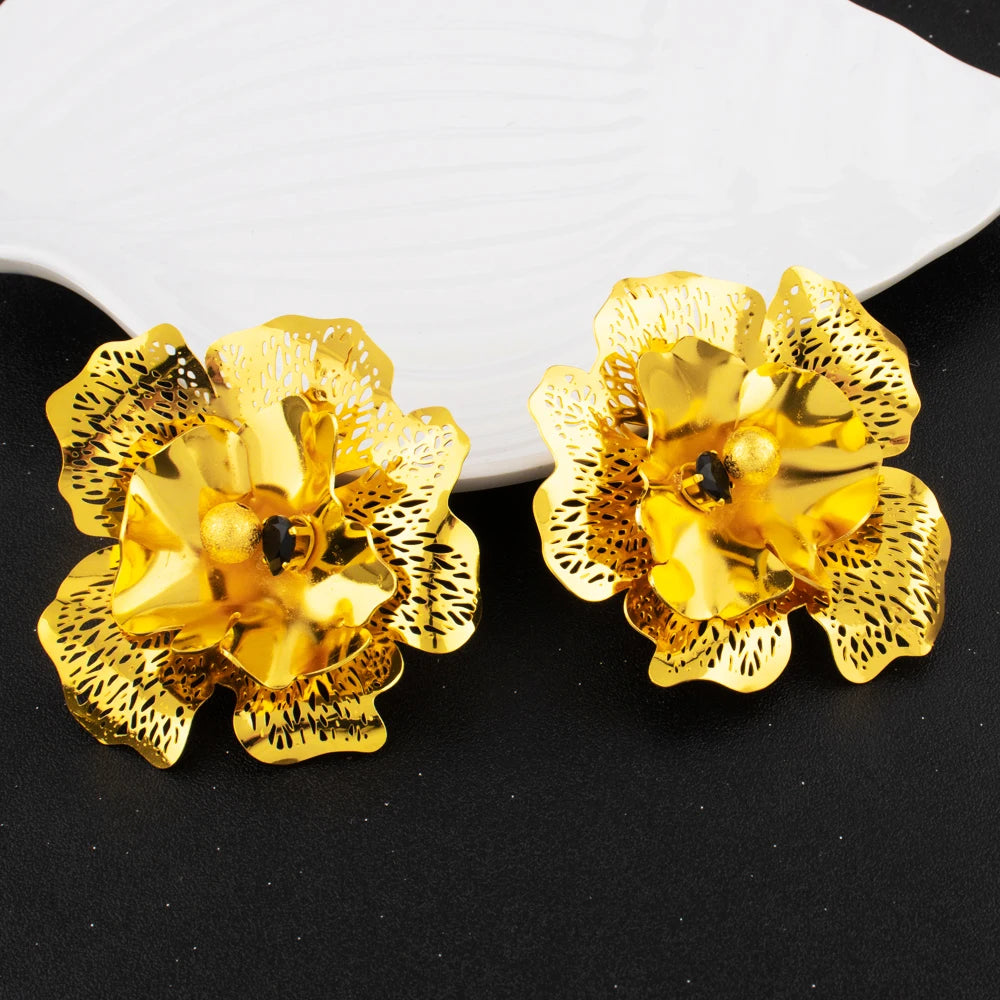 Dubai Luxury Flower Shape Women Jewelry Nigeria Wedding Zircon Collection Earrings Gold Color Bridal Necklace Pendant For Party