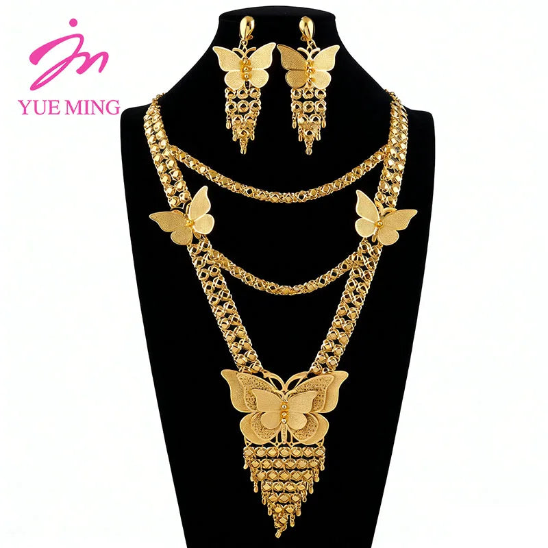 Round Beads Jewelry Sets for Women Trendy Necklace Geometry Earrings Gold Plated Charm Bracelet Ring Fashion Jewellery for Party
