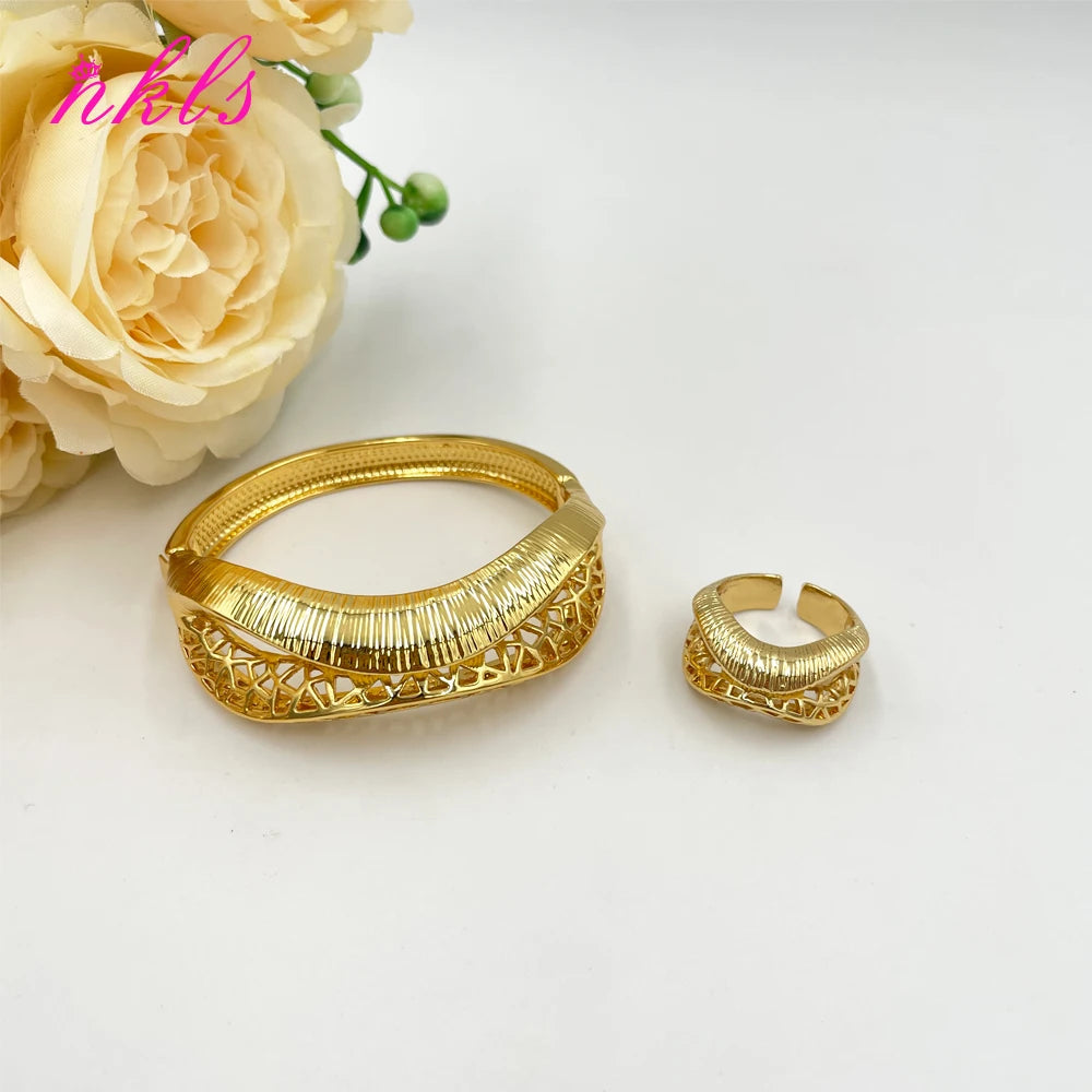 African Gold Color Jewelry Set for Women Arab Dinner Party Cuff Bangle and Ring Dubai Weddings Bride Jewelry Accessories Gifts