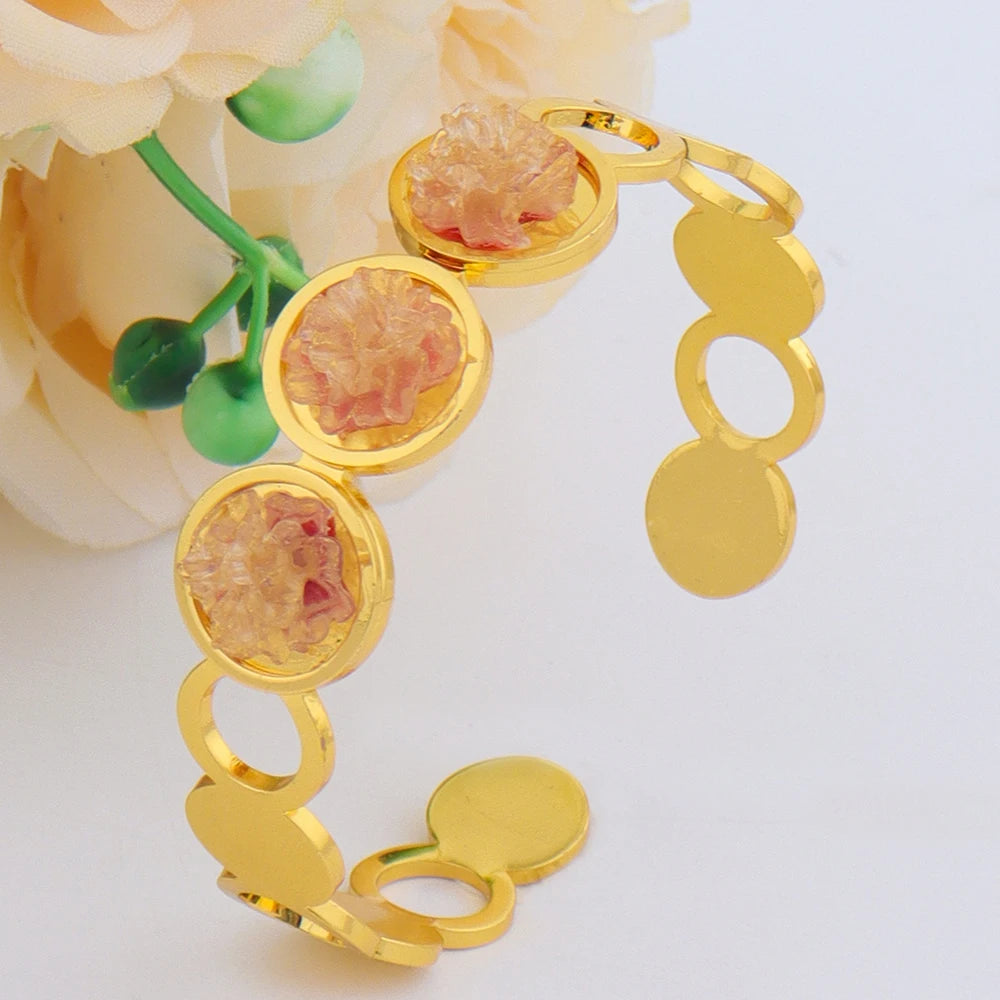 New Stylish Round Cuff Bangle Gold Plated Cubic Zirconia Floral design Charm Bracelet Party Women Men Gifts Jewelry