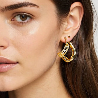 Fancy Hollow Out Pattern Hoop Earrings 18K Gold Plated Jewelry Vintage Simple Style Suitable Modern Fashion Girls Ear Jewelry