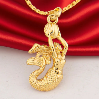 18K Gold Plated Mermaid Design Pendants Stainless Steel Beach Geometric Necklace For Women Anti Allergic Delicate Jewelry Gifts