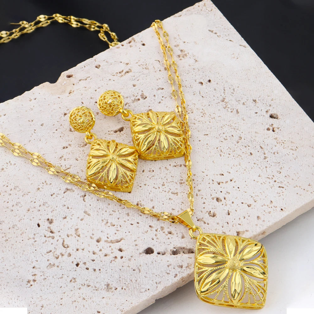 Italy French Gold Plated Rhombus Necklace Earrings Set for Women Bride Smooth Gold Color Charm Jewelry Gift for Party Wedding