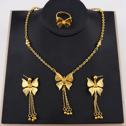 Luxury Gold-Tone Tassel Jewelry Set: Middle-East Inspired Necklace, Drop Earrings & Ring for Dubai African Party Glamour