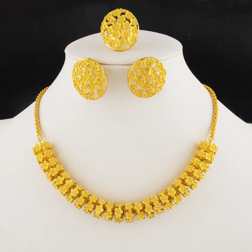 Dubai 24K Gold Jewelry Set: Luxury Necklace, Earrings & Ring for Women, African Bridal Wedding Party Gift, Elegant Jewellery Wom