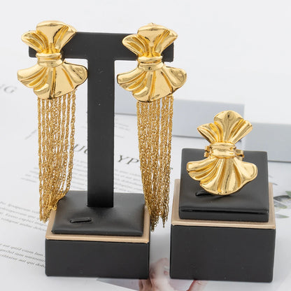 YM 18k Gold Plated Jewelry for Nightclub Queen Fashion Luxury Bridal Wedding Jewellery Accessory Long Tassel Earrings Rings Set