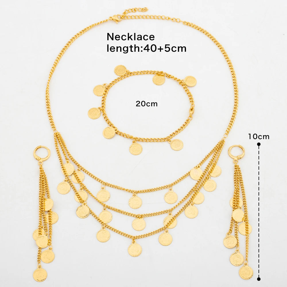 Dubai Gold Color Jewelry Set for Women Multi-layer Chain Fashion Necklace Drop Earings 3Pcs Set African India Bride Jewelry Gift