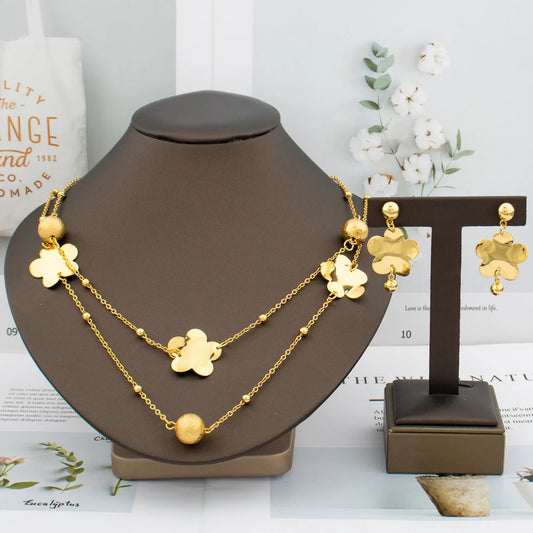 Dubai Bead Chain & Rose Flower Pendant Set, Long Necklace Earring Set for Bride Luxury Jewelry Sets Women Gift