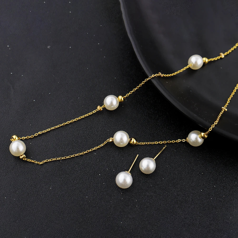 Women Simple Pearl Beads Exquisite Earrings Necklace Gold Color Thin Chain France Gentle Minimalist Daily Wedding Jewelry Set