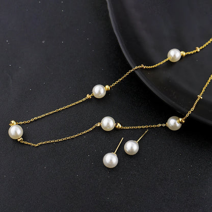 Women Simple Pearl Beads Exquisite Earrings Necklace Gold Color Thin Chain France Gentle Minimalist Daily Wedding Jewelry Set