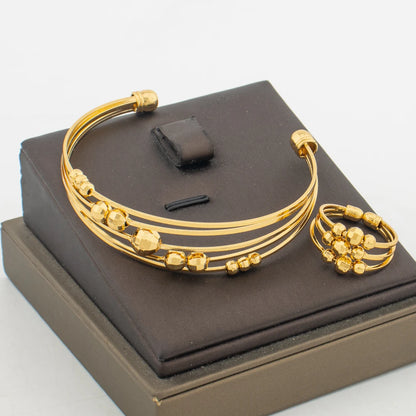 18k Gold Color Bangle Ring Set for Bride African Women Beads Design Hollow Out Bangle Ring Set for Engagement Bracelet Gifts