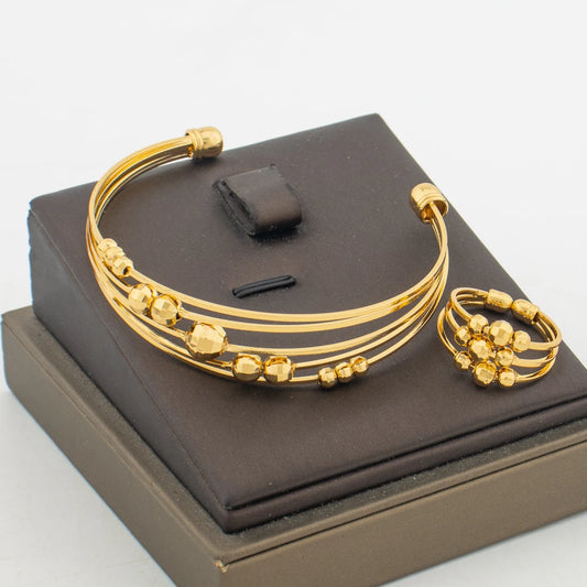 18k Gold Color Bangle Ring Set for Bride African Women Beads Design Hollow Out Bangle Ring Set for Engagement Bracelet Gifts