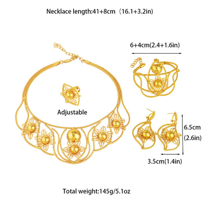 Exaggerated Gold Color Hollow Flower Shape Necklace Earrings Ring Bracelet Set for Women Gold Plated Jewelry Gift for Party