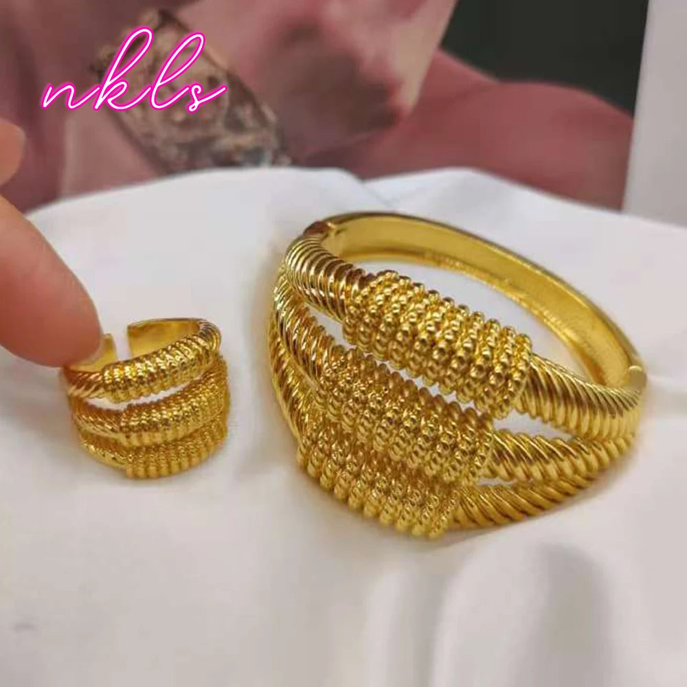 18K Gold-Plated Dubai Cuff Bangle & Ring Set for Women, African Bridal Jewelry Sets, Wedding Gift, Elegant Jewellery Woman Acces