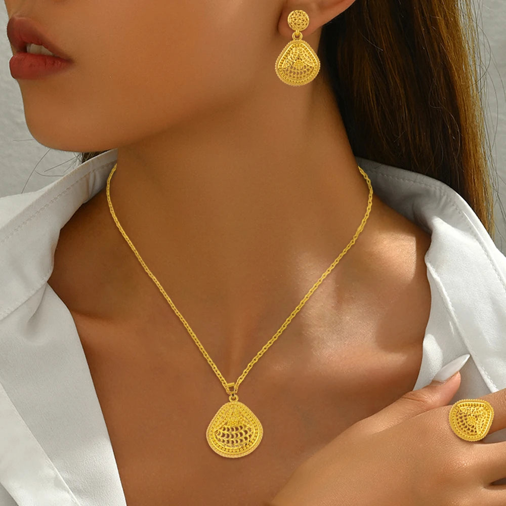 Mid East plated 3pcs Jewelry Set For Women India Dubai Jewelry Geometry Earrings Necklace Ring Set Apply for Party Wedding