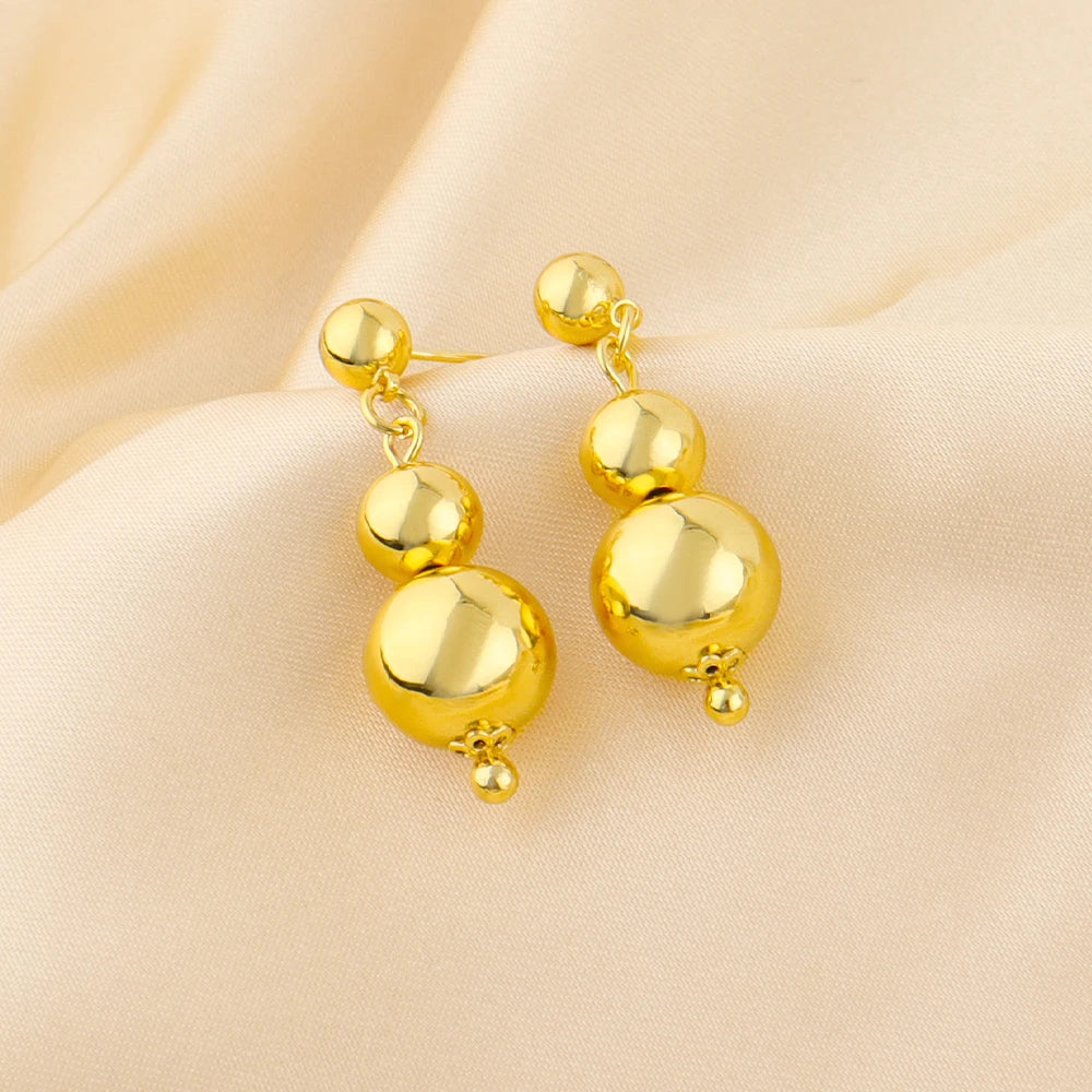 Italy French Gold Plated Round bead Necklace Earrings 3pcs Set for Women Bride Smooth Gold Color Jewelry Gift for Party Wedding
