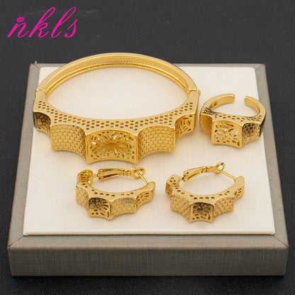Luxury Gold-Plated Set for Bride | Spiral Clip Earrings Necklace Bracelet Ring Engagement Party Gift Women