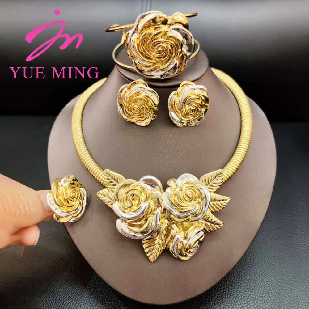 YM Flower Shape Jewelry Set For Women 18k Gold Plated Necklace Ring Bracelet Bridal Earring Luxurious Copper Dubai Party Wedding - YUEMING JEWELRY