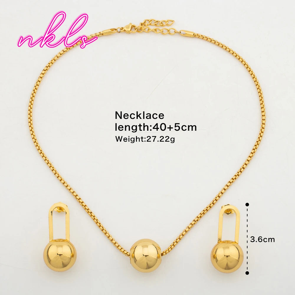 Plated Bead Pendant Necklace & Clip Earring Set for Women, Chic Daily Jewelry Sets, Trendy Banquet Accessories, Elegant