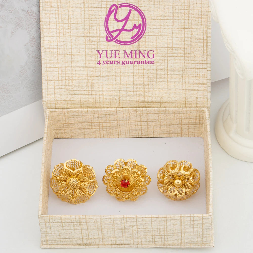 Italian Gold Plated Jewelry Set Unique Finger Ring Women Big Style Flower Elegant Rings Jewellery Sets Adjustable Ring Gifts