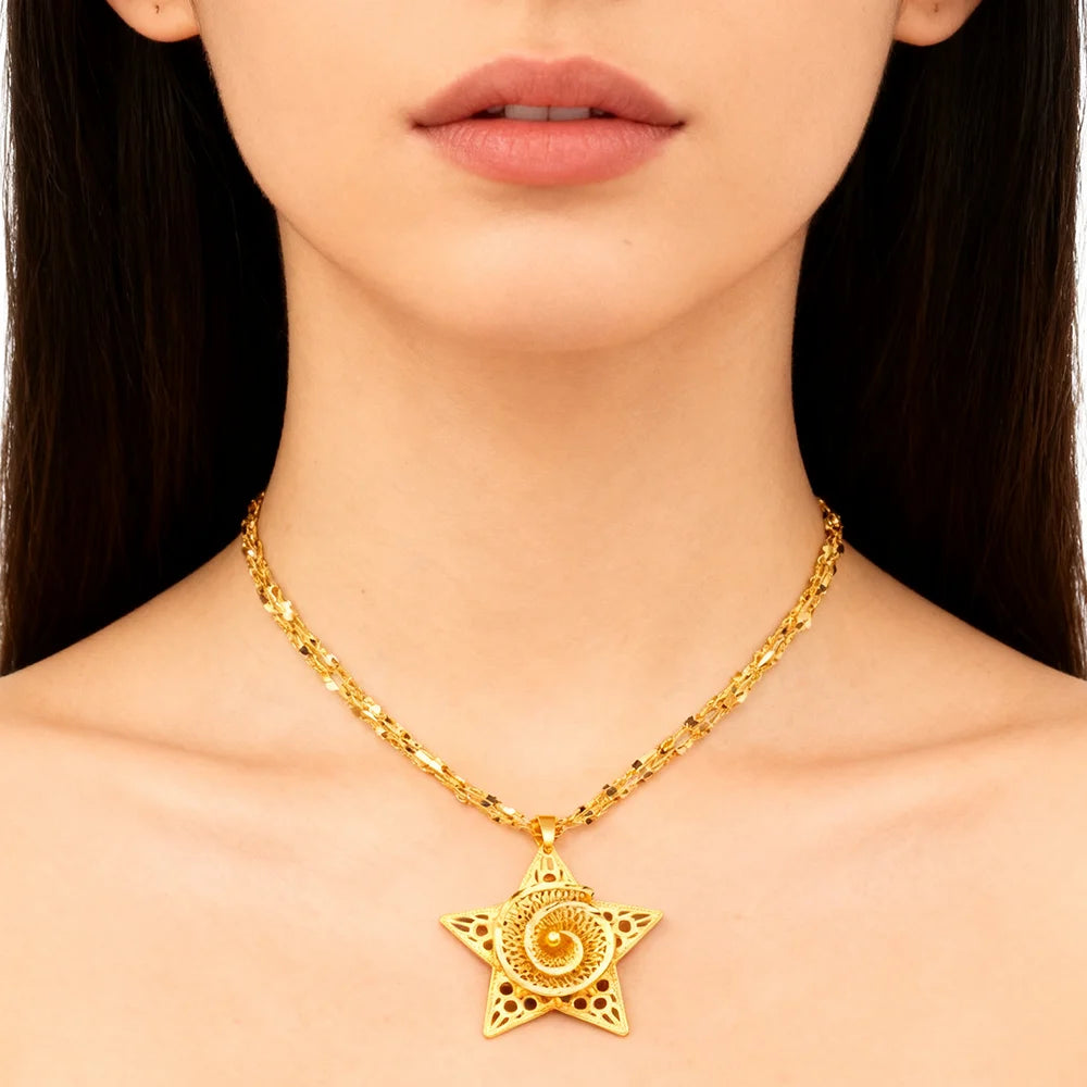 Gold Plated Star Shape Necklace Women's Earrings Ring Set Dubai Wedding Gold Jewelry 2 Piece Set Christmas Party Favor