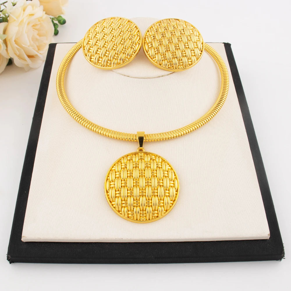 18K Gold Plated Brazilian Bold Roundel Earrings & Necklace Set for Women, Dubai African Party Graduation Gift, Luxury Jewelry Se