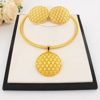 18K Gold Plated Brazilian Bold Roundel Earrings & Necklace Set for Women, Dubai African Party Graduation Gift, Luxury Jewelry Se