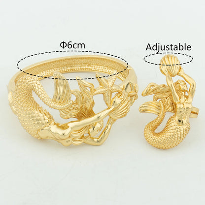 YM African Gold Color Bangles with Ring Nigeria Bride Wedding Banquet Charm Mermaid Bracelet Jewelry Gift Copper Adjustable Ring - YUEMING JEWELRY