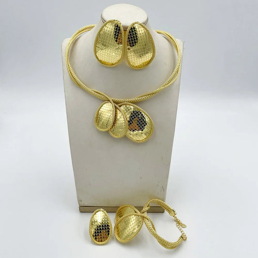 18k Gold Color Jewelry Set for Engagement African Pendant Necklace and Earrings Cuff Bracelet Ring Set for Women Jewelry Gifts