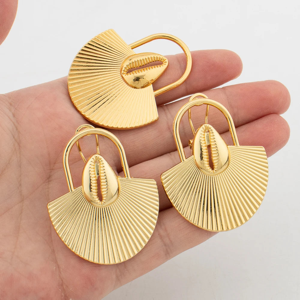 Advanced Metal Textured Leaf Pendant Big Earrings Ring Gold Color Geometry Drop Jewellry Women's Exaggerated Fashion Jewelry
