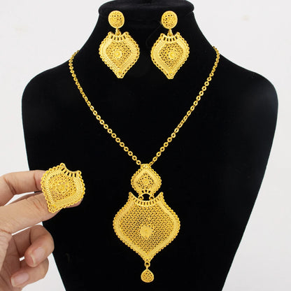 Indian Gold Plated Flower Bridal Jewelry Set for Women Dubai Costume Stainless Steel Necklace Earrings Combo Wedding Party Acces