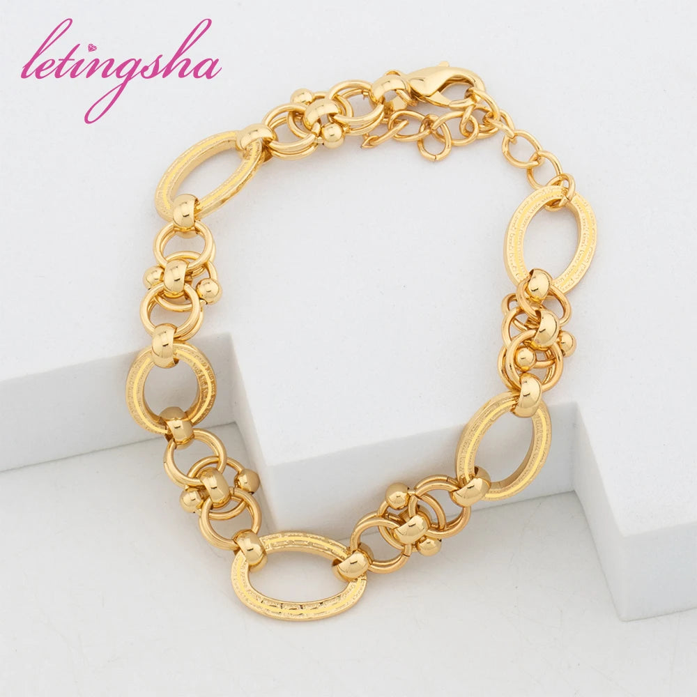 Classic Rings Jewellery Set Dubai Luxury Necklace Chain Gold Color Earrings 18K Gold Plated Bracelet African Fashion Jewelry Set