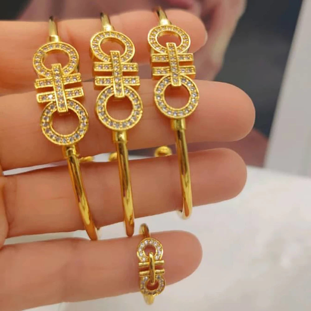 Serpentine Bangles Ring Women Luxury 18k Gold Color Black Zircon 3PCS Bracelet and Open Ring Charm Hand Jewelry Sets Party Gifts