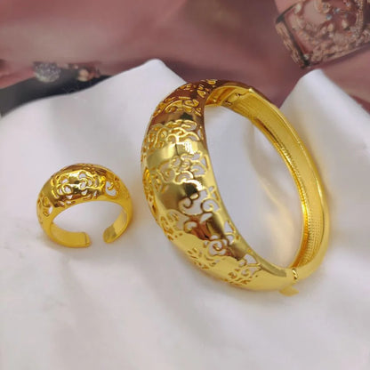 Luxury Gold Color Bangle with Ring Set for Women African Cuff Bangle and Finger Ring 2Pcs Set for Engagement Party Jewelry Gift