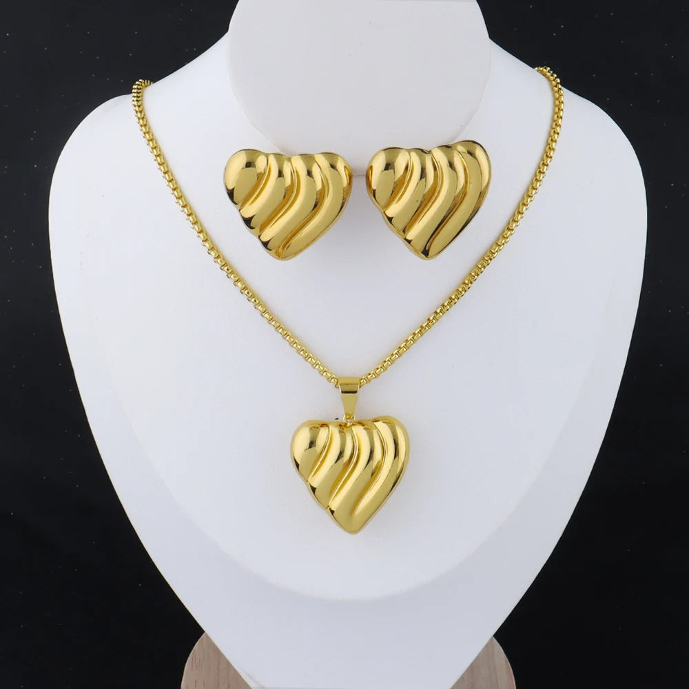 heart-shaped jewelry set woman gold stainless steel earrings necklace Two Piece Jewelry Set accessories for girls gift