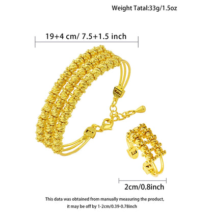 Gold Color Classic Bangle with Ring African Fashion Gold Plated Charms Jewelry Set for Women Luxury Wedding Bracelet Ring Set