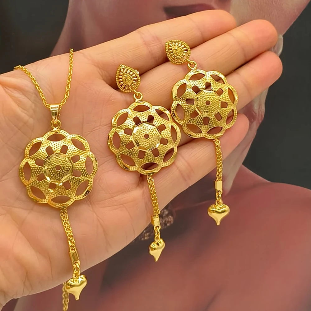 18K Gold African Hollow-Out Drop Earring Set & Necklace – 2Pcs Jewelry Set for Women, Elegant Engagement Party Gift