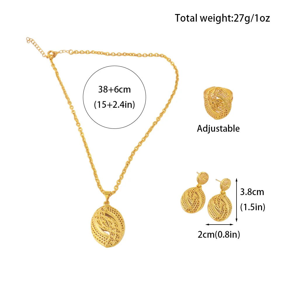Round Water Drop Shape Jewelry Luxury Shining Gold Color Necklace Earrings Ring Set for Women Gift Apply to Party Wedding