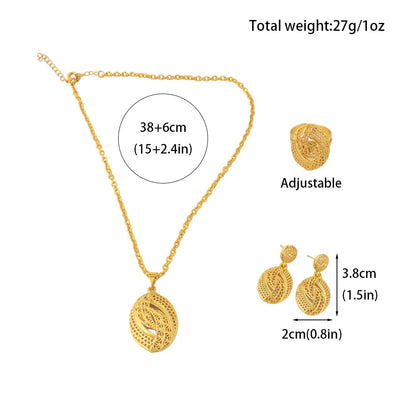 Round Water Drop Shape Jewelry Luxury Shining Gold Color Necklace Earrings Ring Set for Women Gift Apply to Party Wedding