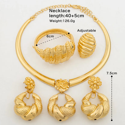 Fashion Women Jewelry Set for Party 18k Gold Color Earrings and Necklace Hand Bangle Ring Set for Weddings Bridal Jewellery Gift