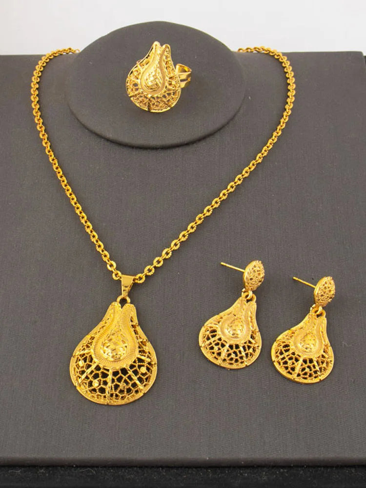 Dubai Bridal Gold Jewelry Set for Women, Middle-East Costume Necklace Earrings, Indian Wedding Party Gift, Luxe Statement Bridal