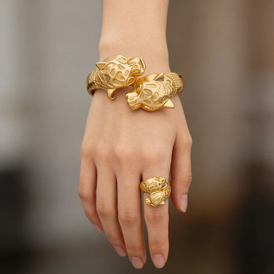 18K Gold-Plated Dubai Leopard Bracelet & Adjustable Ring, Copper Luxury Jewelry Gift for Women, Elegant Christmas Party Accessor