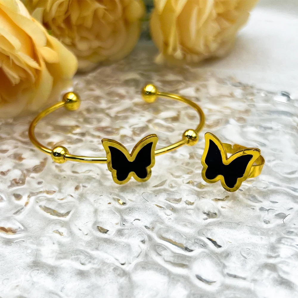 Gold Color Opening Bracelet Ring of Women Gold Plated Trendy Lucky Butterfly Shape 2pcs Jewelry Set Apply to Wedding Party