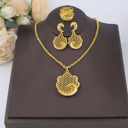 Dubai Round Necklace Ring And Earrings Set For Women Wedding Gold Color Hollow Pendant African Jewelry Bridal Party Gift
