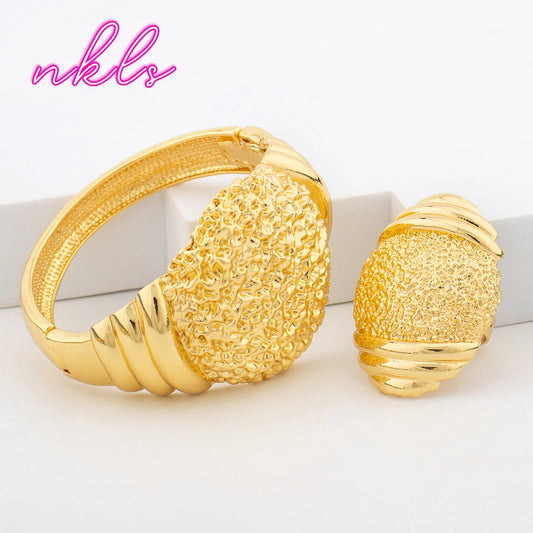 African Fashion Jewelry Set Ethiopian Dubai Luxury Design Necklace Gold Color Bangle Ring Trend Wedding Party Gift Earrings Jewe