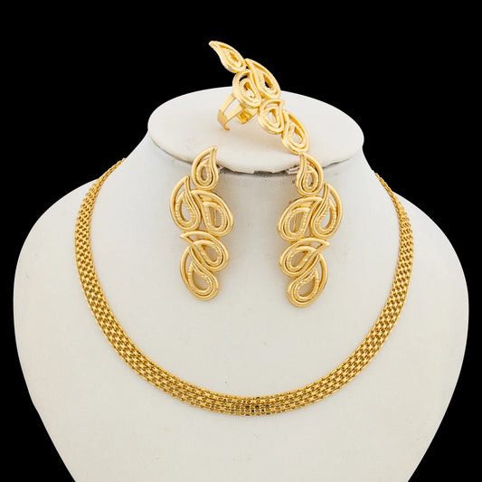 New Design Jewelry Set for African Large Hollow Out Earrings with Choker Necklace Finger Ring Set for Weddings Anniversary Gift