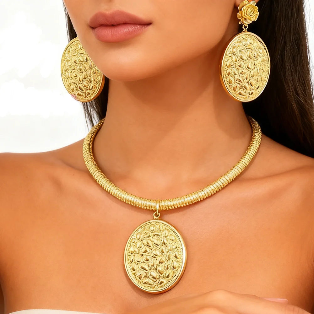 Women Dubai Gold Jewelry Set Sumptuous Wedding Necklace Pendant Premium Gold Plated Bracelet Ring Exquisite Piercing Earrings